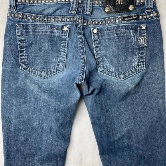 Vintage Y2K Miss Me Womens Denim Blue Studded Distressed Straight Jeans Size 27 - Picture 3 of 13